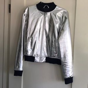 Zara Silver Bomber Jacket with Flower Embroidery